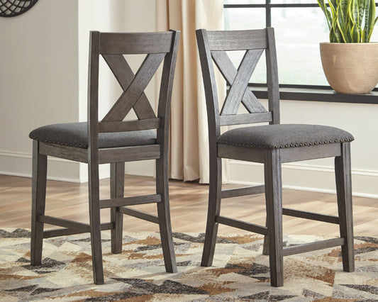 Two gray bar stools with X-shaped backrests on a patterned rug.