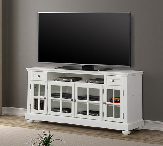 White TV stand with a flat-screen TV on a gray wall background
