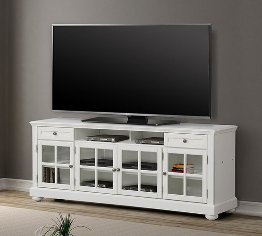 White TV stand with a flat-screen TV on a gray wall
