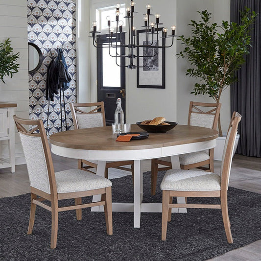 AMERICANA MODERN DINING 48-66" ROUND DINING TABLE AND 4 UPHOLSTERED CHAIRS