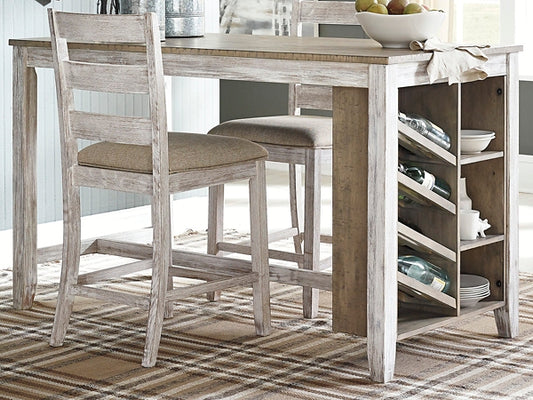 Dining area with wooden table and chairs on a checkered floor.