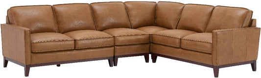 Brown leather sectional sofa with multiple seating areas.
