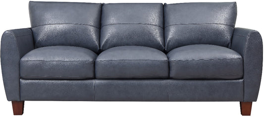 Blue leather sofa with wooden legs on a white background