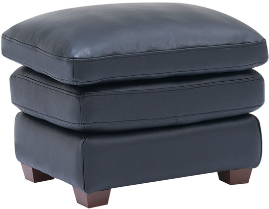 Blue leather ottoman with wooden legs on a white background