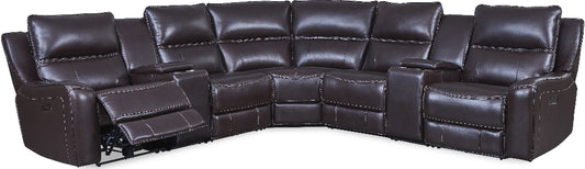 Brown leather sectional sofa with reclining seats on a white background