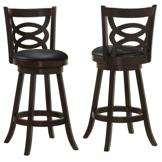 Two dark wooden bar stools with black seats on a white background