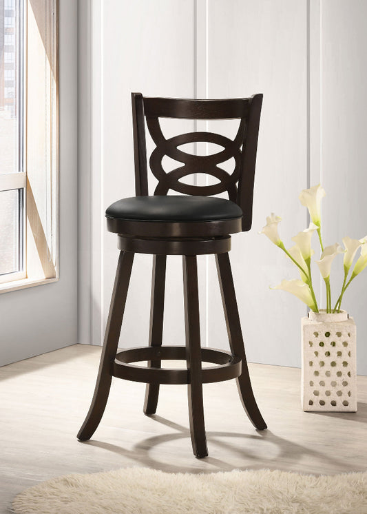 Dark wooden bar stool with a black seat in a room with a window and decorative vase.