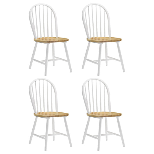Four white chairs with wooden seats on a white background