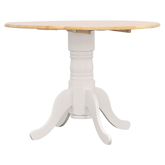 Round wooden table with white pedestal base on a white background