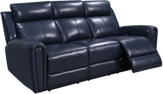 Blue leather reclining sofa on a white background