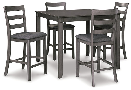 Gray dining table set with four matching chairs on a white background