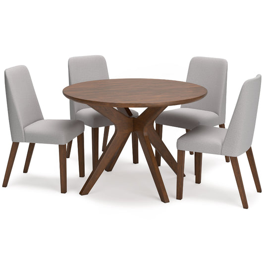 Round wooden dining table with four gray chairs on a white background
