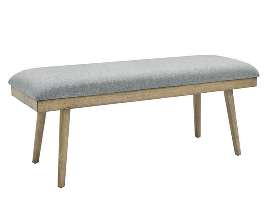 Wooden bench with gray cushion on a white background