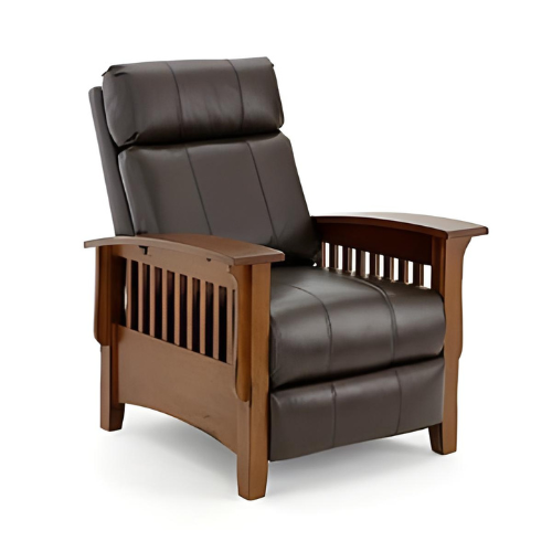Brown leather recliner chair with wooden armrests on a white background