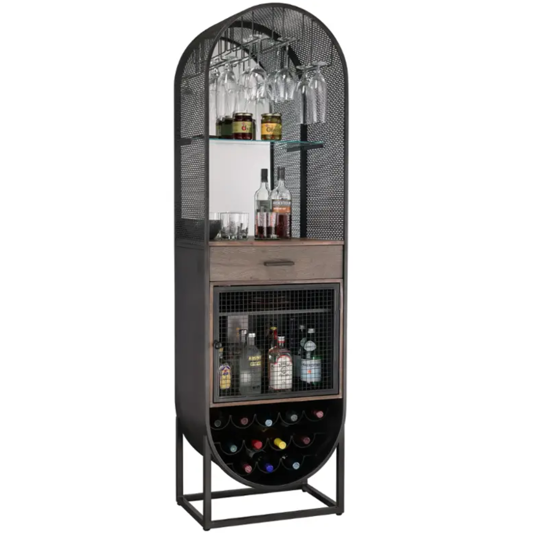 Bar cabinet with glass shelves, bottles, and wine glasses on a white background