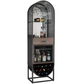 Bar cabinet with glass shelves, bottles, and wine glasses on a white background