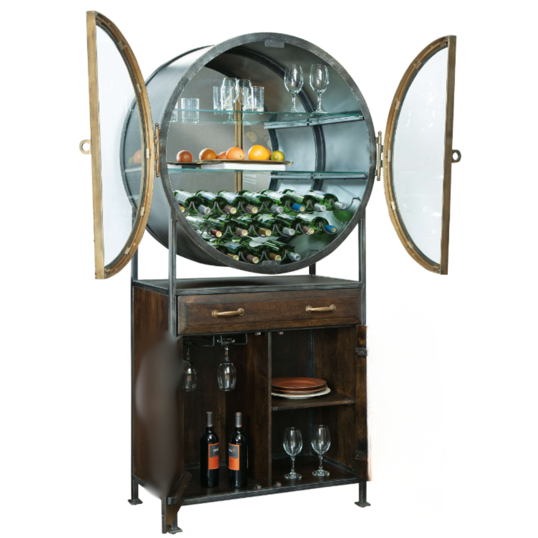 Bar cabinet with round glass top and wooden base, displaying bottles and glasses.