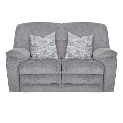 A gray Parkway manual reclining loveseat with accent throw pillows.