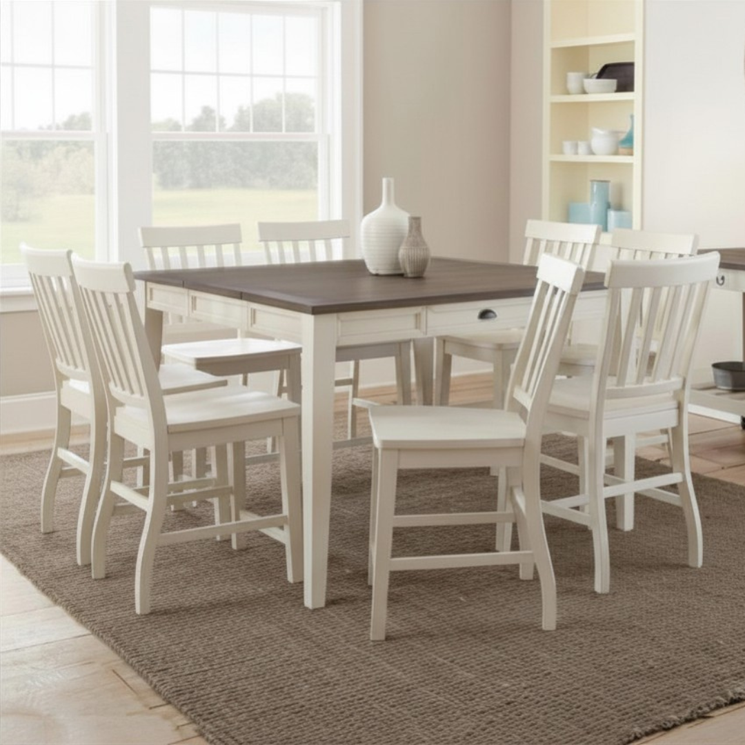 Dining room with a wooden table and white chairs on a brown rug.