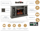 Electric fireplace insert with specifications and features on a white background