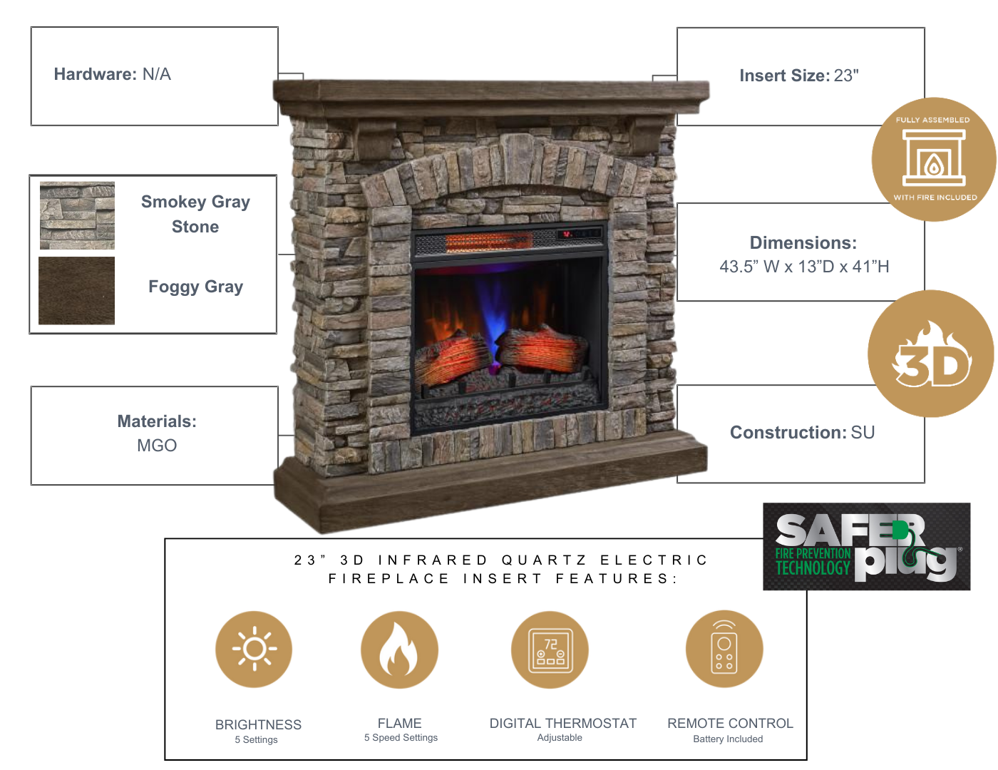 Montana 43.5" Wall Mantel w/ 23" Electric Fireplace