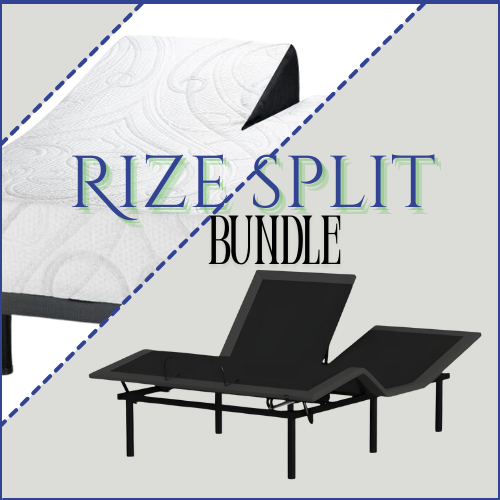 Black adjustable bed base with mattress labeled 'RIZE Split Bundle' on a white background