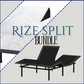 Black adjustable bed base with mattress labeled 'RIZE Split Bundle' on a white background
