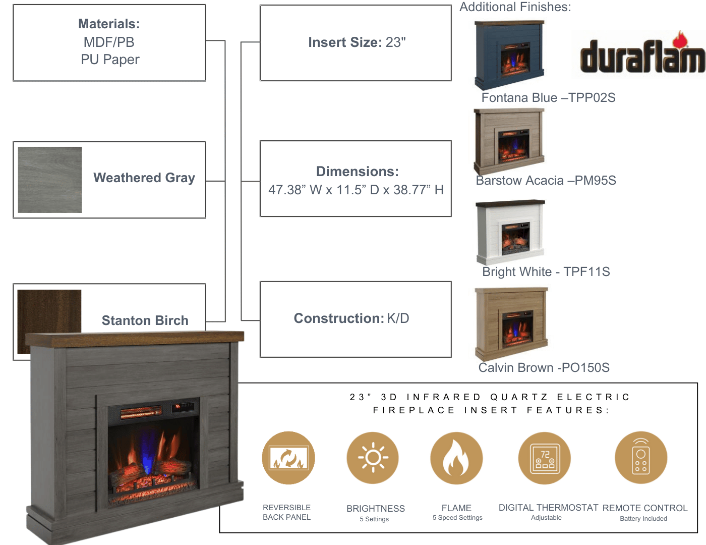 47" Wall Mantel w/ 23" Electric Fireplace