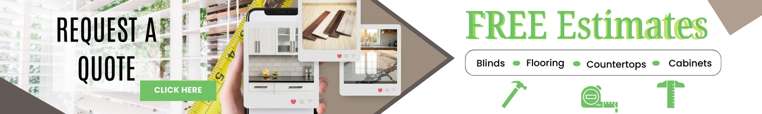 Promotional banner for a home improvement company with images of cabinets, flooring, countertops, and blinds and text about free estimates.