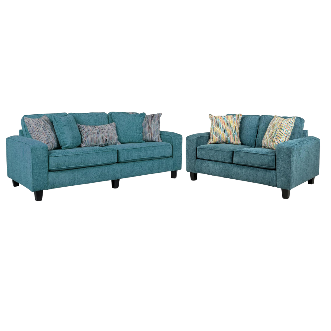 Teal sofa set with patterned cushions on a white background