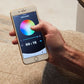 Hand holding a smartphone with a color selection app on a carpeted floor