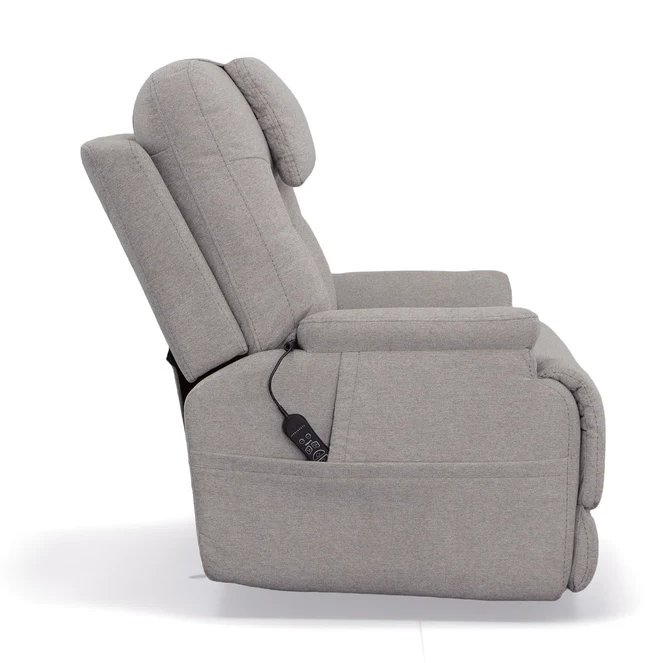 Gray recliner chair with power control on a white background
