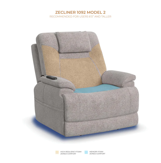Gray and beige recliner chair with text indicating model and foam types on a white background