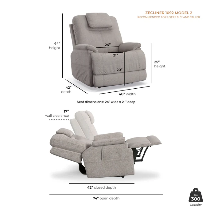 Gray recliner chair with dimensions labeled on a white background