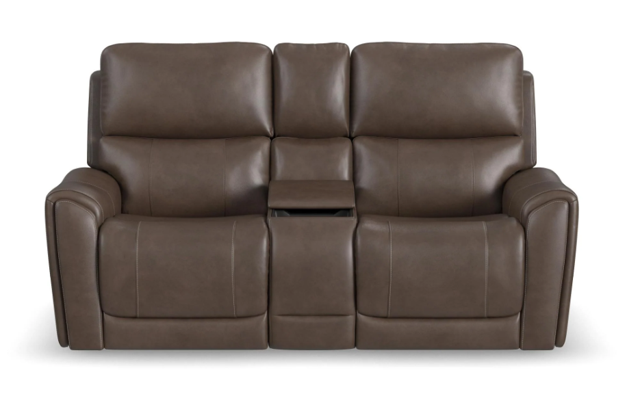 Brown leather sofa with storage compartments on a white background