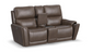 Brown leather reclining sofa with cup holders on a white background