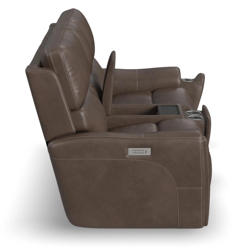 Brown leather recliner chair with cup holders and armrests on a white background