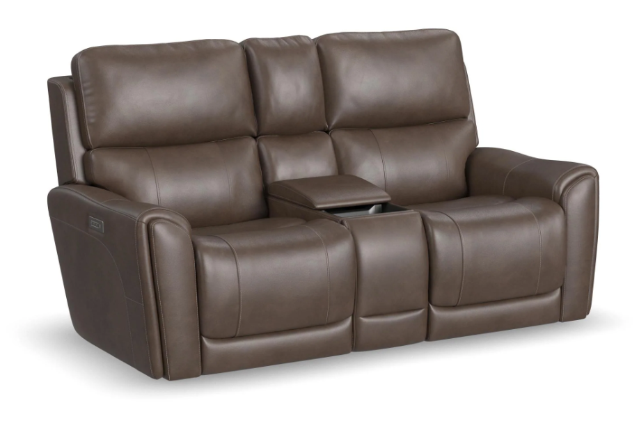 Brown leather reclining sofa with cup holders on a white background