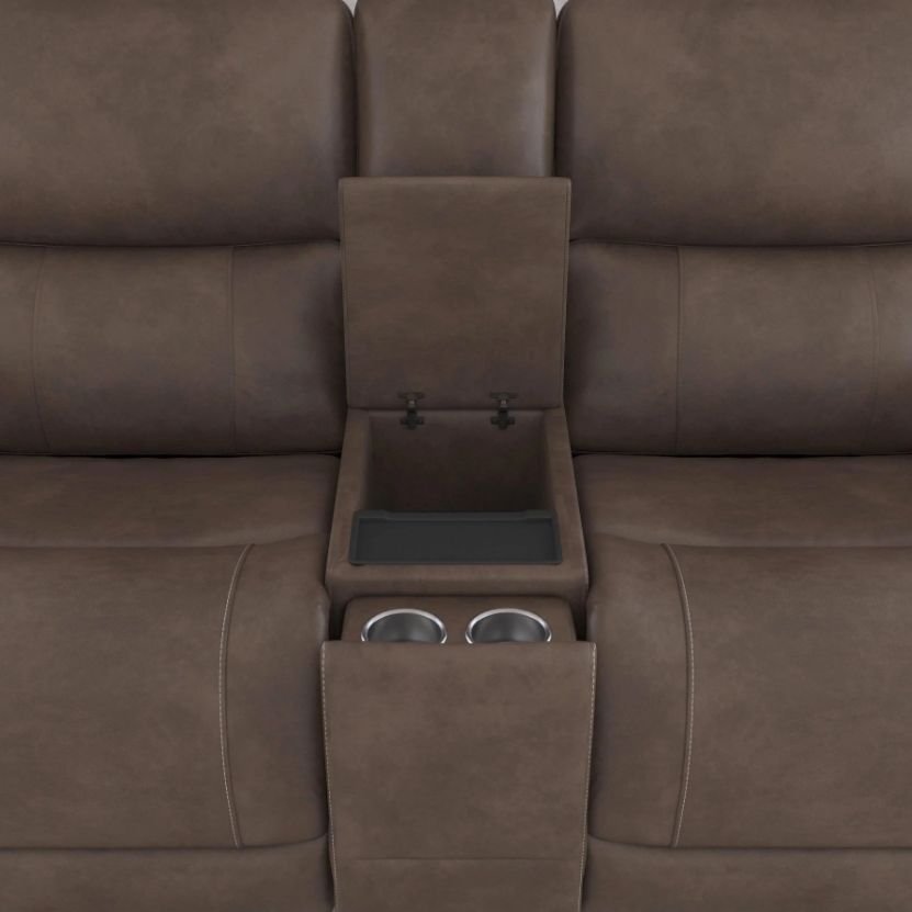 Brown leather sectional sofa with cup holders and storage pocket