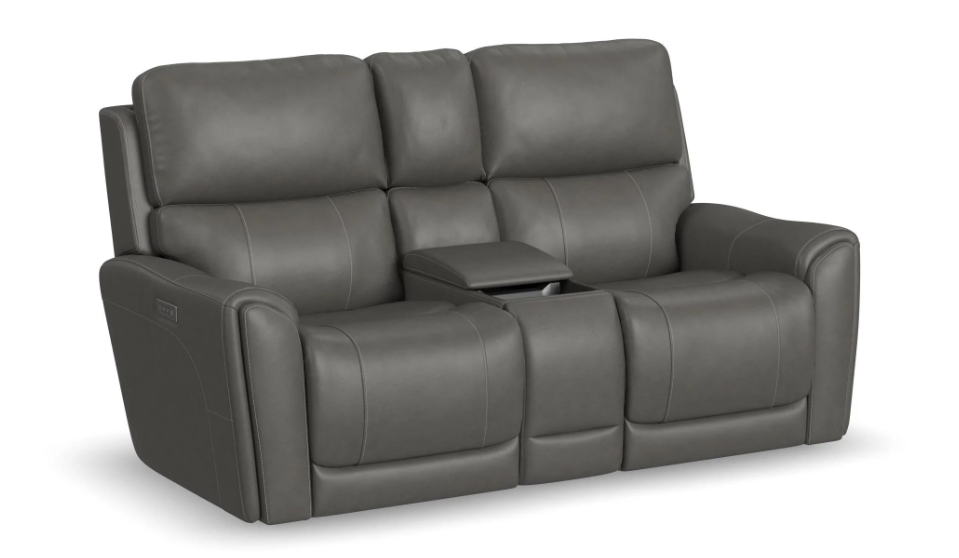 Gray leather reclining sofa with cup holders on a white background