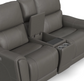 Gray leather sofa with cup holders and armrest storage on a white background