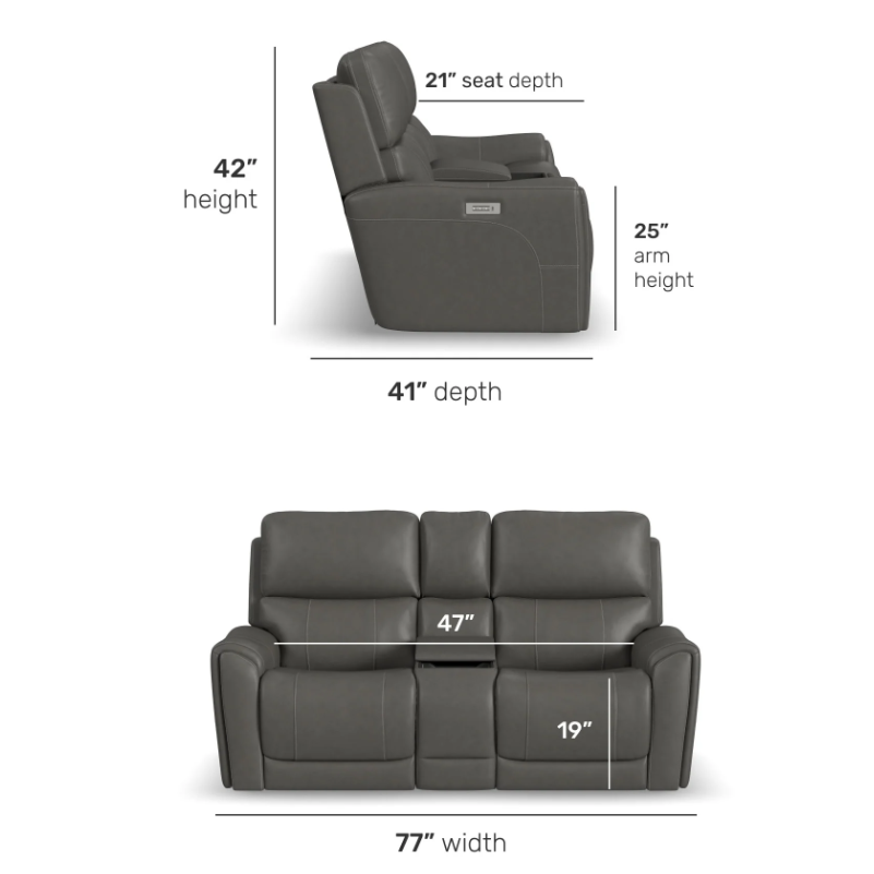 Gray recliner sofa with dimensions labeled on a white background
