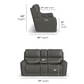 Gray recliner sofa with dimensions labeled on a white background