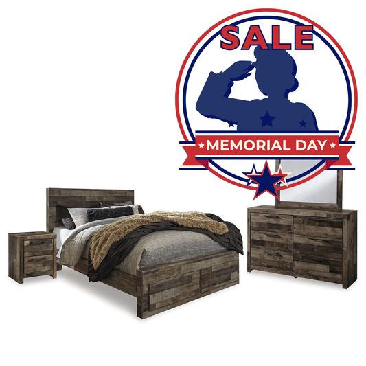 Derekson Queen Panel Bed with 2 Storage Drawers with Mirrored Dresser and Nightstand