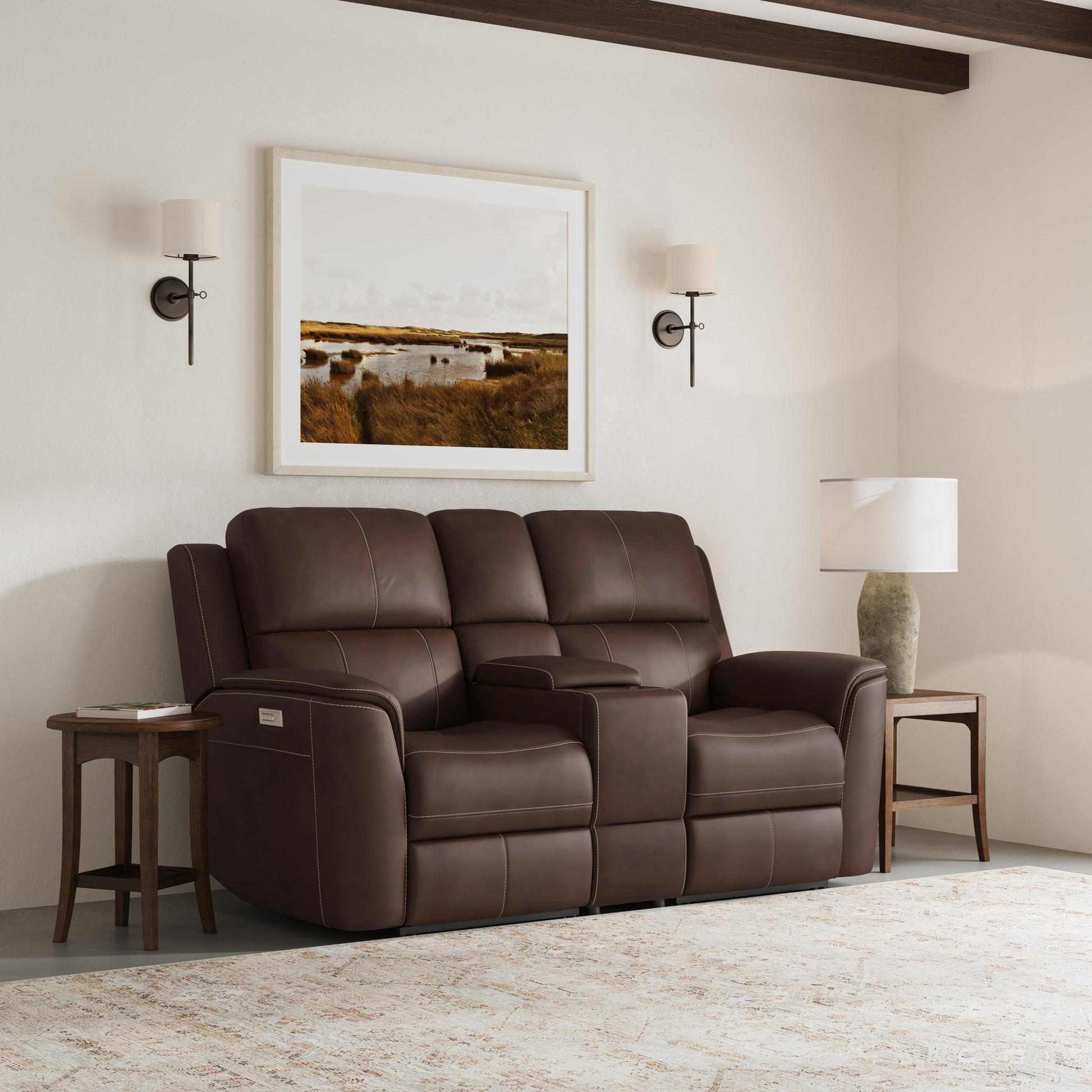 Flexsteel Henry Leather Power Reclining Loveseat with Console & Power Headrests & Lumbar