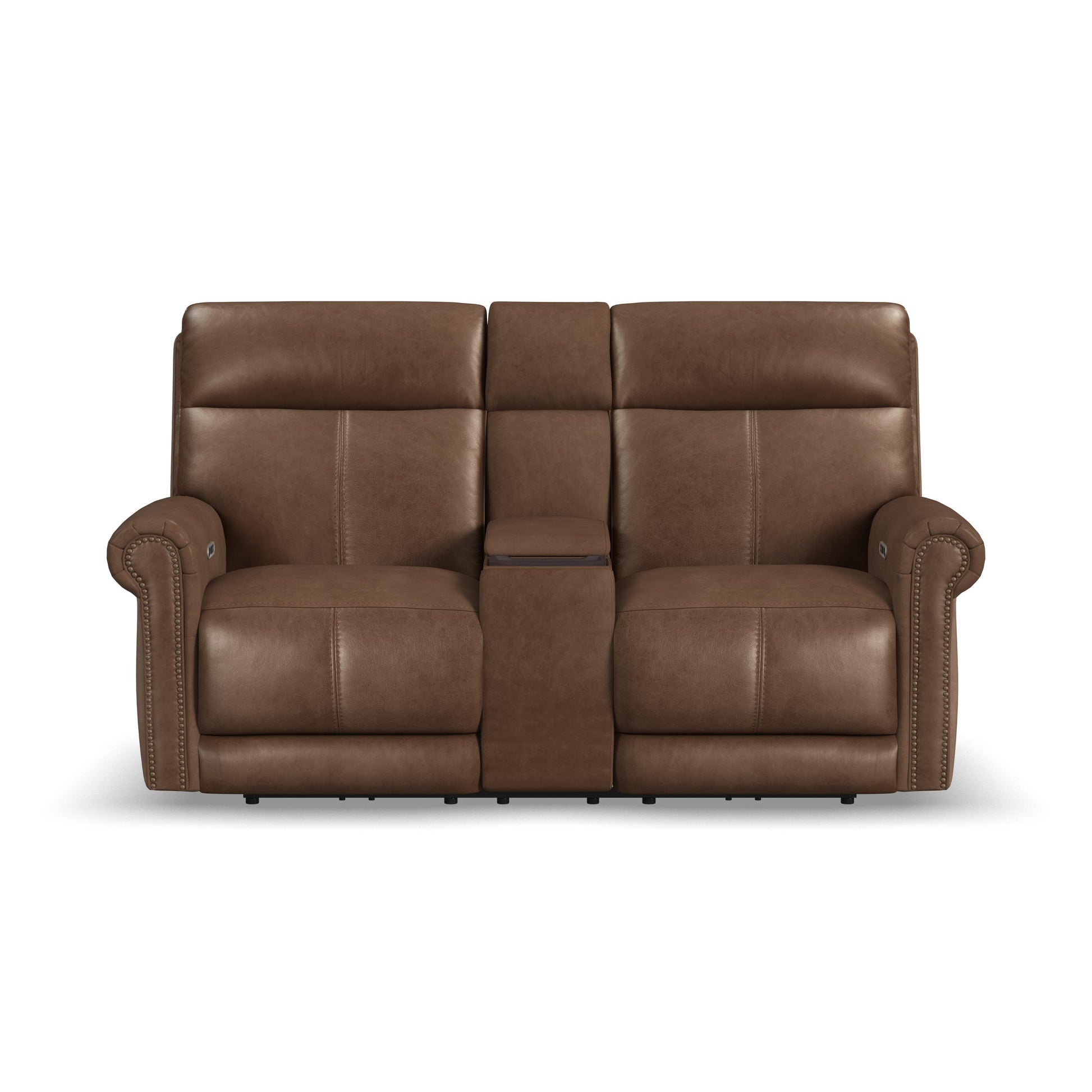 Flexsteel Alexander Leather Power Reclining Loveseat with Console, Power Headrest & Lumbar