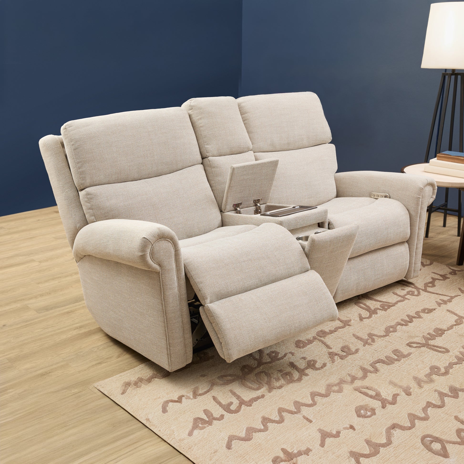 Flexsteel Bernard Power Reclining Loveseat with Console, Power Headrest, & Lumbar