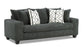 Gray sofa with patterned cushions on a white background