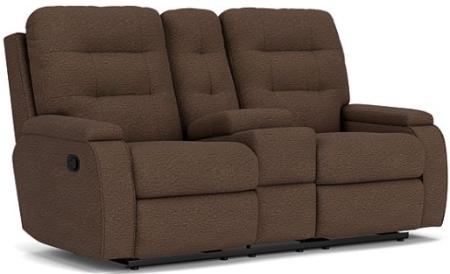 A brown Kerrie Reclining Loveseat with Console, featuring a footrest, armrests, and a storage compartment.