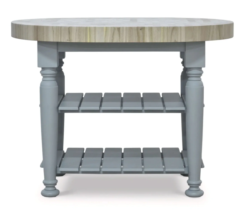 Round kitchen island with wooden top and two shelves on a white background